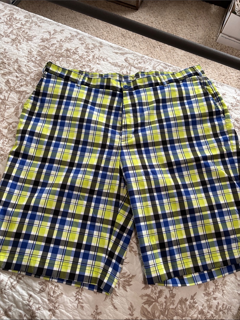 Slazenger Lime and Navy Plaid Flat Front Men's Shorts